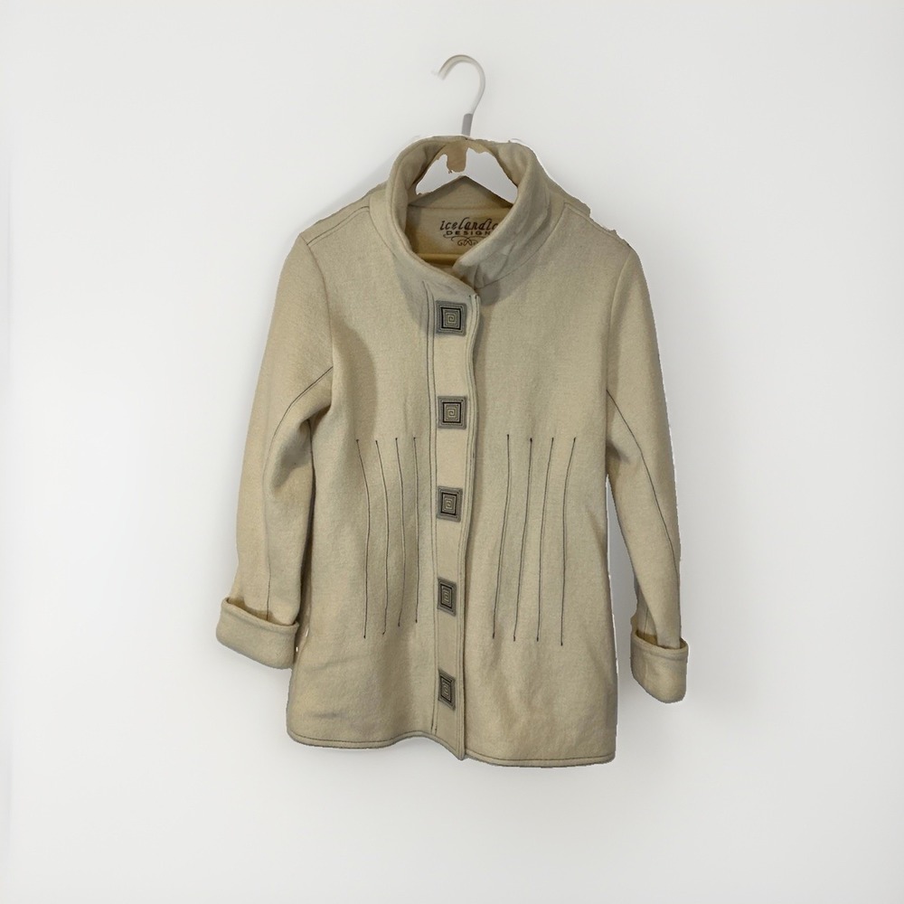 Icelandic Design Wool Jacket Womens Medium Cream Embroidered Square Button Coat